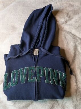 PINK Victoria's Secret Navy Zip-Up Hoodie with Green Chenille Logo